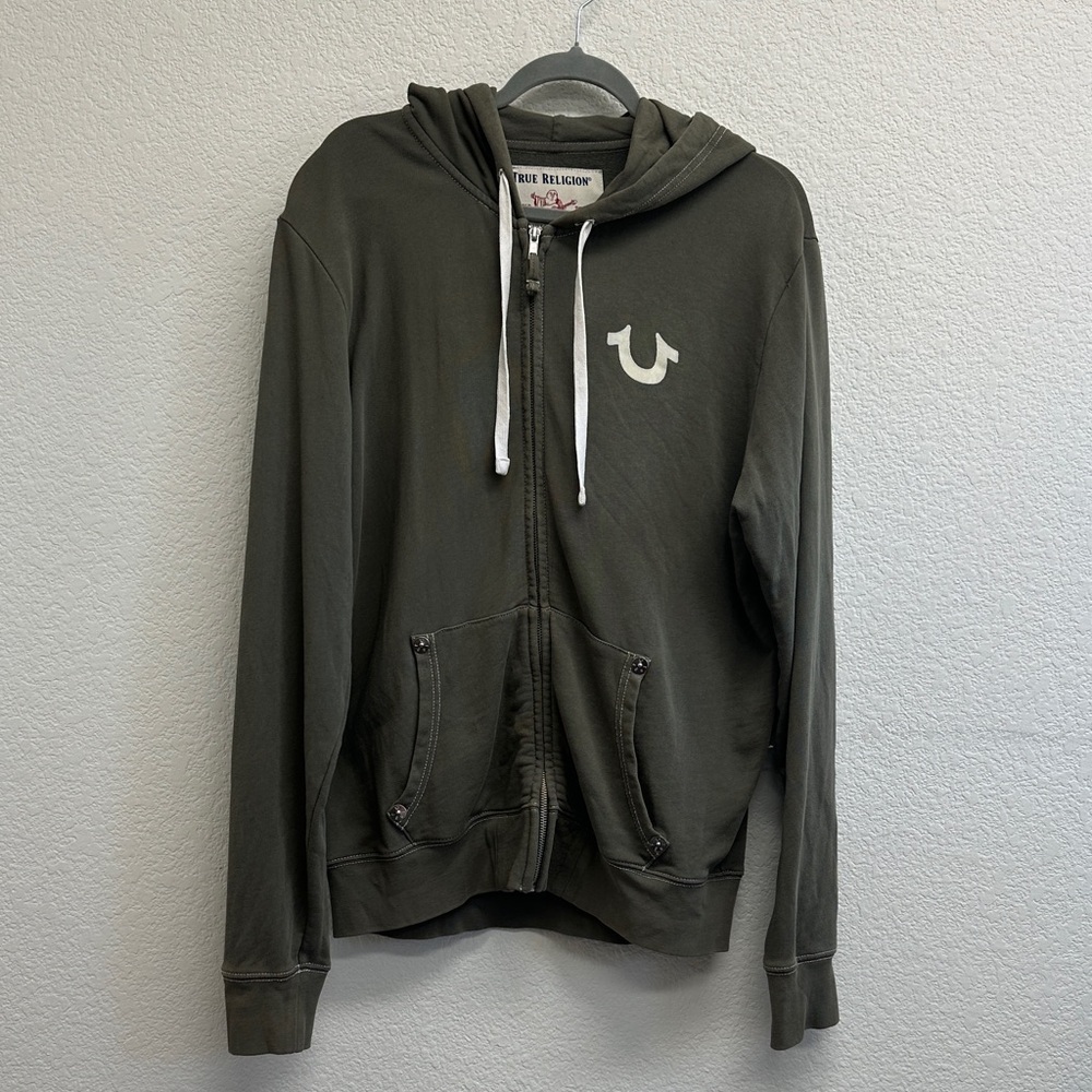 True Religion Buddha Logo Zip Sweatshirt Men khaki green hoodie